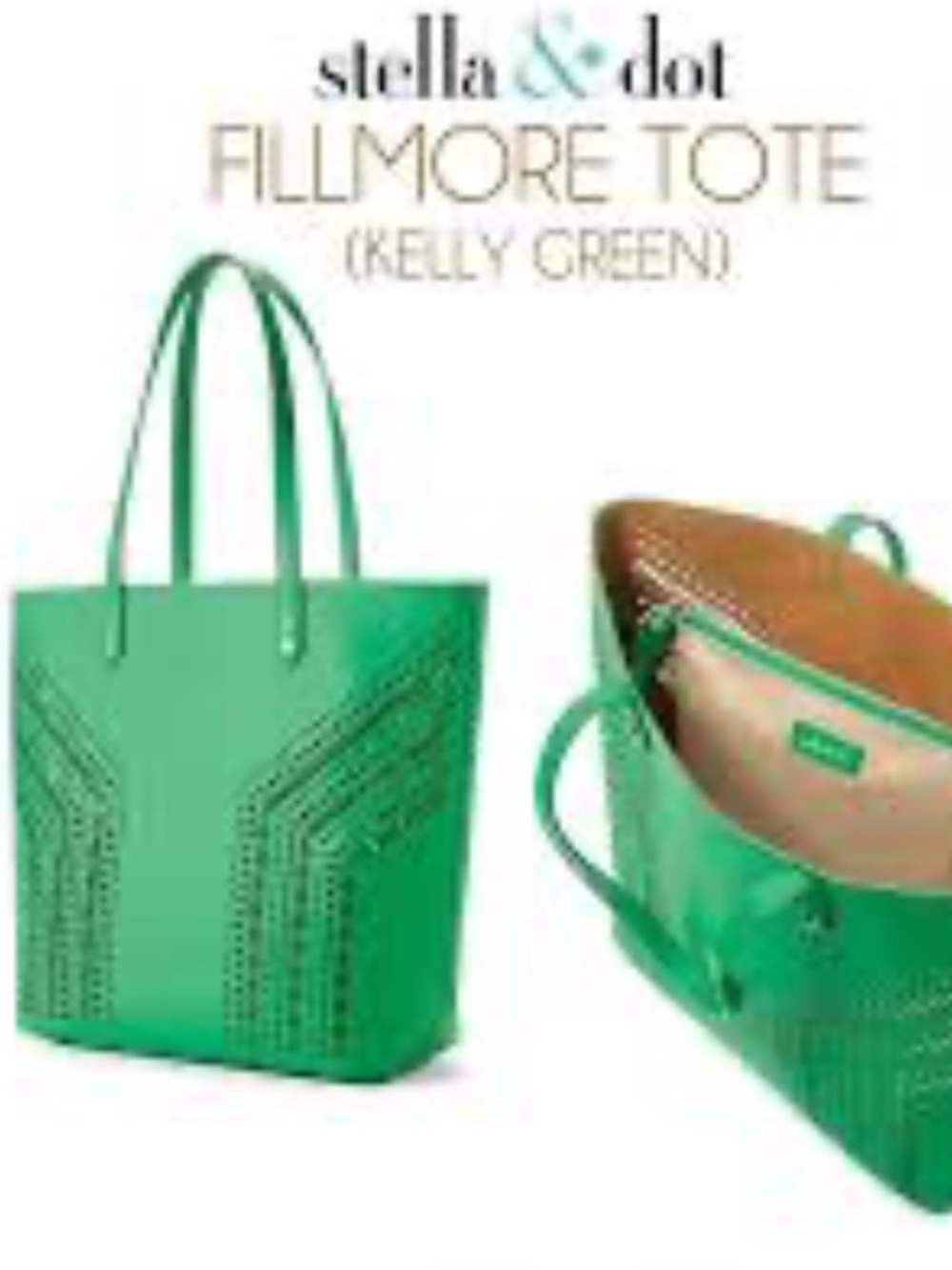 Stella & Dot Fillmore Tote Green Leather Laser Cut Tote w/ Tan Linen Pouch wOT
